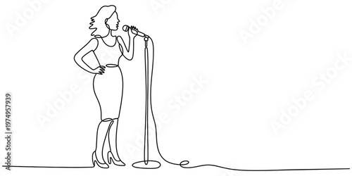 Minimalist continuous line art illustration of a female singer performing on stage.