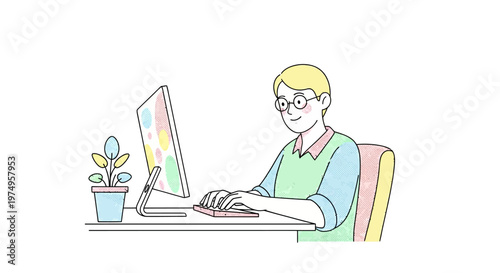 Woman sitting at desk with computer.