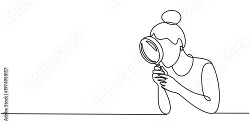 Continuous line drawing of a curious woman looking through a magnifying glass on a white background