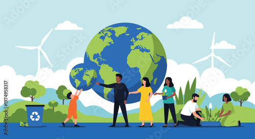 Global sustainability concept with diverse people protecting earth recycling planting trees and renewable wind energy flat illustration