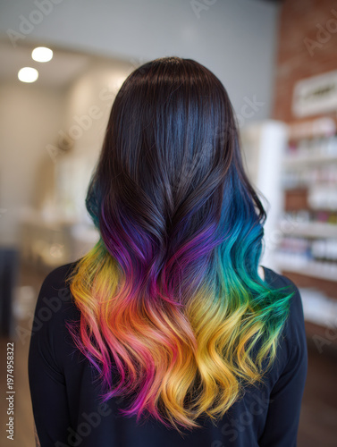 Woman with long dark hair featuring vibrant rainbow-colored ombre waves blending purple, blue, green, yellow, and pink hues in a modern salon setting