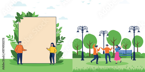 Illustration of People in a Park with Blank Frame, Group Dancing in Nature, Outdoor Activities and Event Concept