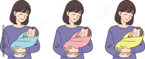 Cartoon Illustration of Mother Holding Baby Wrapped in Colorful Blankets, Newborn Care and Family Bonding Concept