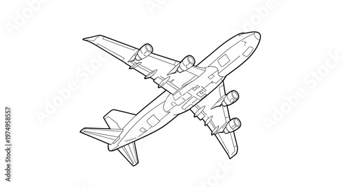 Detailed Vector Line Art Illustration of a Commercial Airliner for Aviation