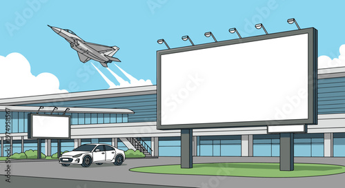 Modern Airport Terminal Illustration with Jet Taking Off and Advertising Billboards