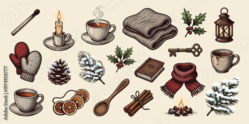 Cozy winter essentials collection: festive elements for holiday seasons and cold weather