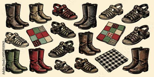 Brazilian June Festival Boots Sandals Shoes Patchwork Fabric Set