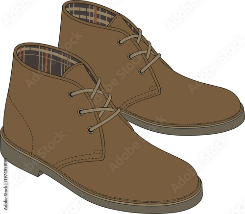 Leather ankle boots vector, classic lace up shoes pair isolated fashion footwear illustration design