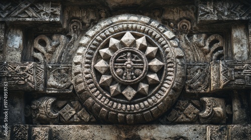 A close-up of an ancient stone carving depicting the sun and star symbols, set against weathered walls in the temple complex.
