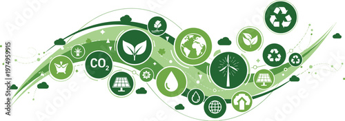Green eco sustainability banner with CO2 reduction recycling renewable energy and environmental protection flat design illustration