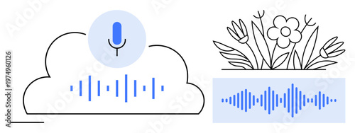 Voice recognition. Cloud technology with voice microphone and soundwave . Voice recognition for AI, cloud storage, environmental tech, smart devices, and speech analysis