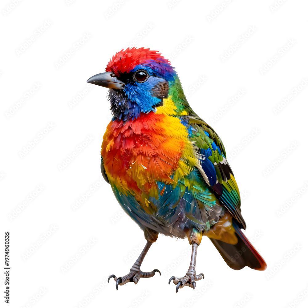 Obraz premium Colorful bird perched on a branch against a black background looking ahead