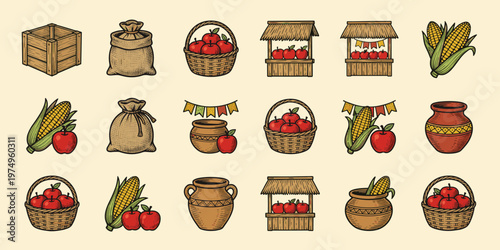 Vibrant illustration harvest market elements: apples corn baskets stalls pots wood