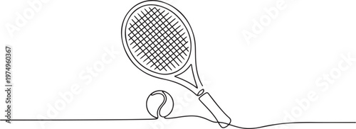 Tennis racket icon line continuous drawing vector. One line Tennis racket icon vector background. Tennis racket with ball icon. one line Icon drawing