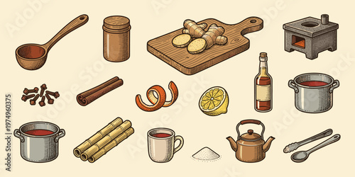 Culinary Ingredients and Kitchen Utensils for Beverage Preparation Flat Lay Style