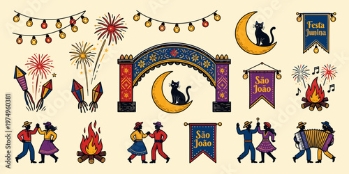 Brazilian June Festival Night Scene Dance Fire Flags Set