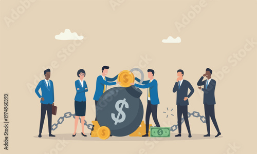 Pay off debt debtor, money decision, liability relief, deficit or borrowing due, indebted concept, businessman hand put dollar coin money into debt bomb