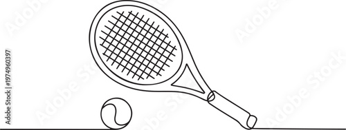Tennis racket icon line continuous drawing vector. One line Tennis racket icon vector background. Tennis racket with ball icon. one line Icon drawing