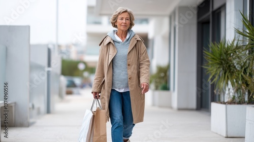 senior woman walking confidently in urban street with shopping bag, natural light, dynamic movement, independence and vitality. modern aging concept