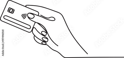 Bank card in hand icon line continuous drawing vector. One line Contactless payment card template icon. one line Icon drawing