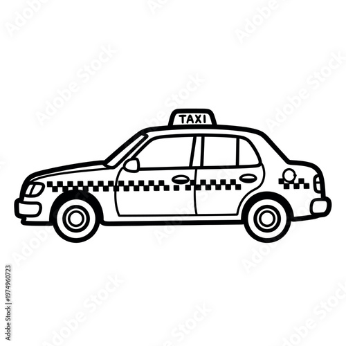 Black and white cartoon illustration of a classic yellow taxi cab