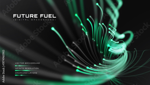 Abstract green future fuel background with digital data wave. Modern technology system showing eco clean energy power flow. Vector illustration.