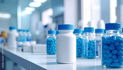 Rows of plastic/glass pill bottles, some filled with bright blue medication, on a clean white counter in a bright room