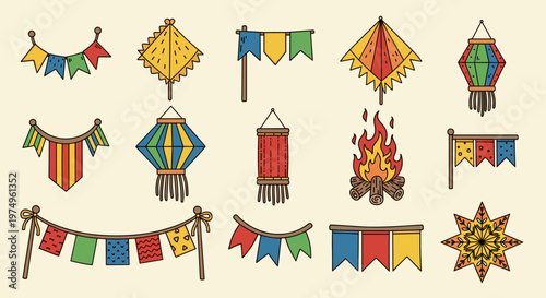 Brazilian June Festival Decorations Flags Lantern Fire Set