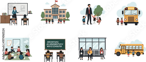 Vector Illustration of School Life Scenes, Including Teacher, Students, School Bus, and Classroom Activities for Education and Back-to-School Themes