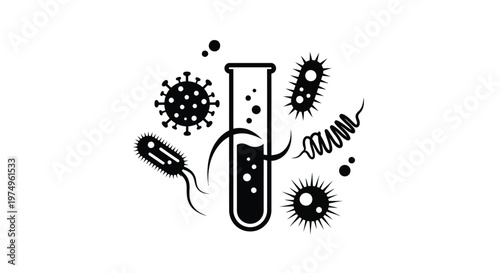 Black and white illustration of viruses bacteria and a test tube silhouette