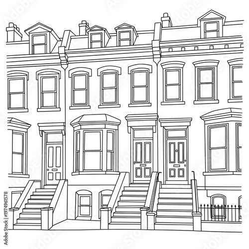 Tableau sur toile Detailed sketch of a row of classic brownstone buildings with stoops
