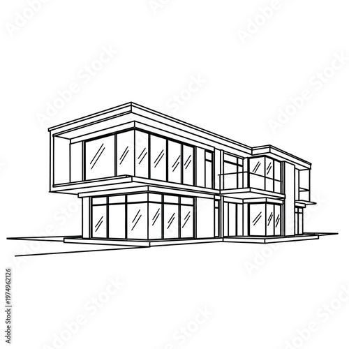 Architectural sketch of a modern two story house with large windows