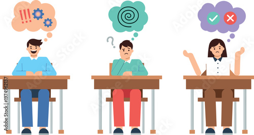 Vector Illustration of People with Thought Bubbles Showing Problem-Solving, Confusion, and Decision-Making for Mental Health and Education Themes