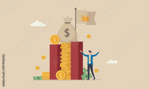 Cash is king is flag pillars flag on red pillars or investor prepare cash to buy stock in economic crisis concept, stack of money dollar coins and money bag with precious king golden crown