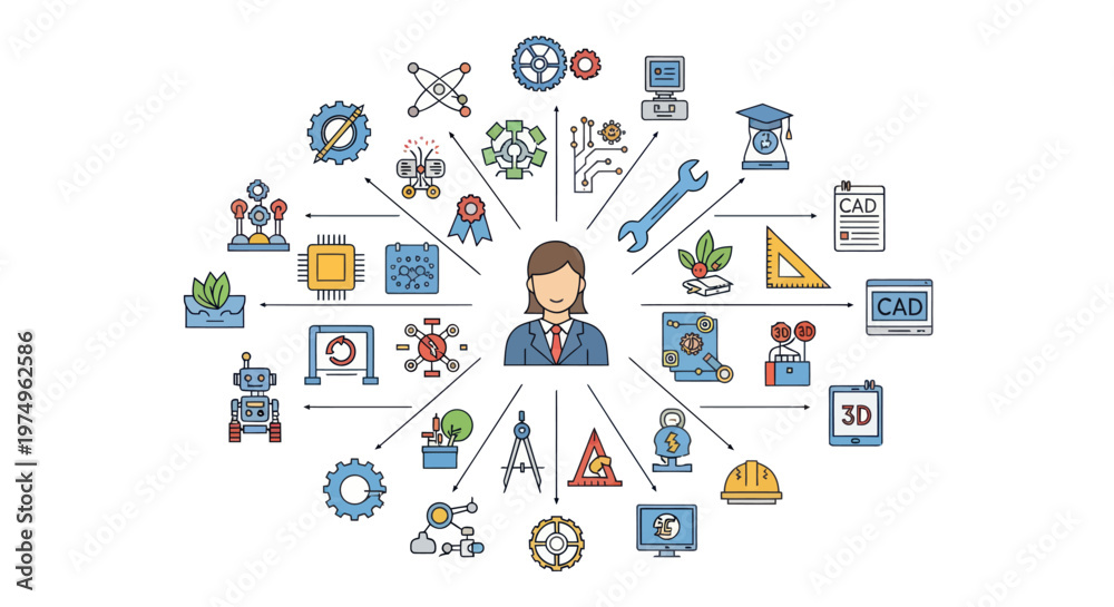 Fototapeta premium Person at center of diverse technology and engineering concepts