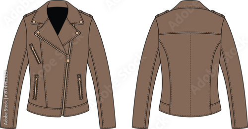 Leather biker jacket vector, front and back view fashion apparel isolated detailed clothing illustration design