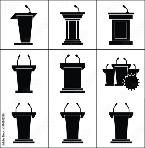 Set of classic podium silhouettes with microphones and award elements representing speeches ceremonies debates and public announcements vector icons
