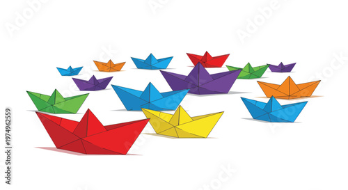 A fleet of colorful origami paper boats.
