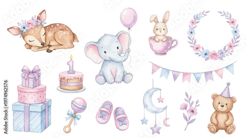Cute pastel baby animals and birthday elements with balloons, gifts and floral decorations in soft watercolor style for nursery design. Collection of Vector illustrations. Perfect for invitation, card