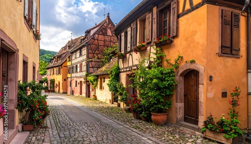 Scenic European street view of old architecture, colorful facades and lush greenery under a blue sky with white clouds