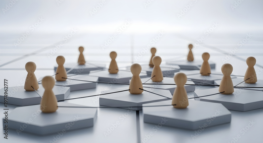 Obraz premium Wooden chess pawns forming interconnected network on white hexagon grid for business strategy and teamwork concept