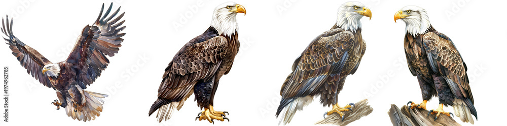 Obraz premium Bald eagles in different poses and angles display the majestic nature of this north american bird