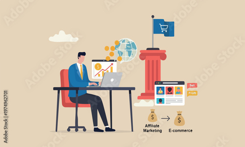 commerce concept the illustration is modern, flat design with clean lines and minimal shading on red pillars businessman making money coins online website from computer laptop