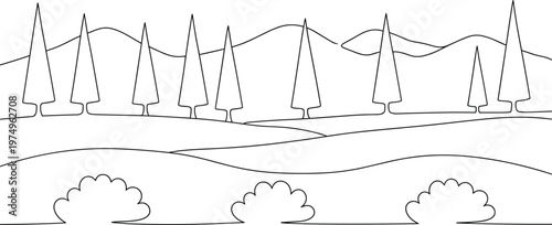 Simple countryside illustration with stylized tall trees rolling fields and shrubs forming clean natural scenic background design