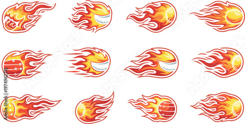 Fiery meteor fireball icons set cartoon flames blazing comet balls hot energy speed vector illustration collection