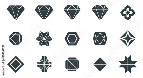 Collection of flat geometric diamond and jewel icons.