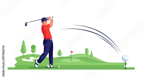 A male golfer swings a club, hitting a golf ball on a green course.