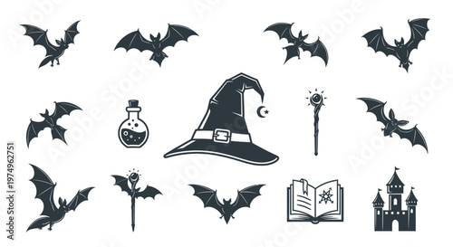 Spooky Halloween and Magic Element Icons Set