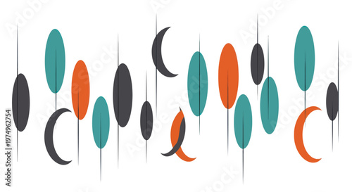 Mid-century modern abstract pattern with retro geometric shapes.