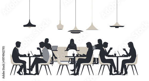 Business people in a coffee shop, working and meeting.